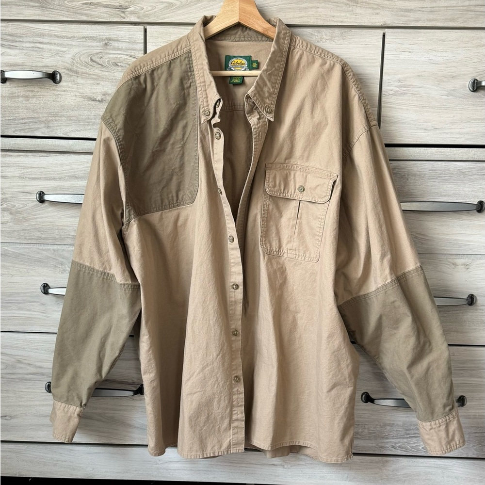 Cabelas Shirt Men 3XL Tan Quilted Shooting Hunting Button Up Outdoor Tactical
